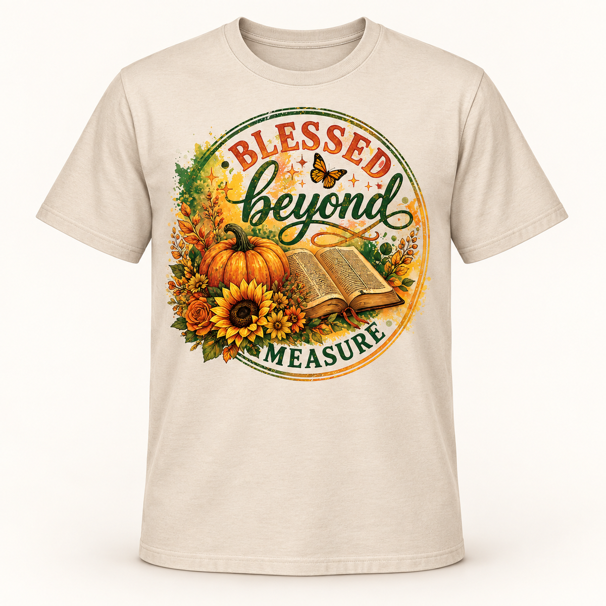 Blessed Beyond Measure Christian T-Shirt for Women, Fall Pumpkin Sunflower Bible Graphic Tee, Thanksgiving Faith Gift
