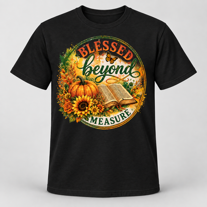 Blessed Beyond Measure Christian T-Shirt for Women, Fall Pumpkin Sunflower Bible Graphic Tee, Thanksgiving Faith Gift