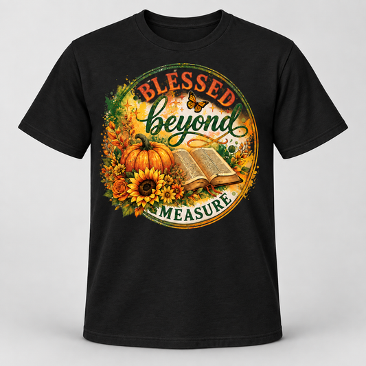 Blessed Beyond Measure Christian T-Shirt for Women, Fall Pumpkin Sunflower Bible Graphic Tee, Thanksgiving Faith Gift