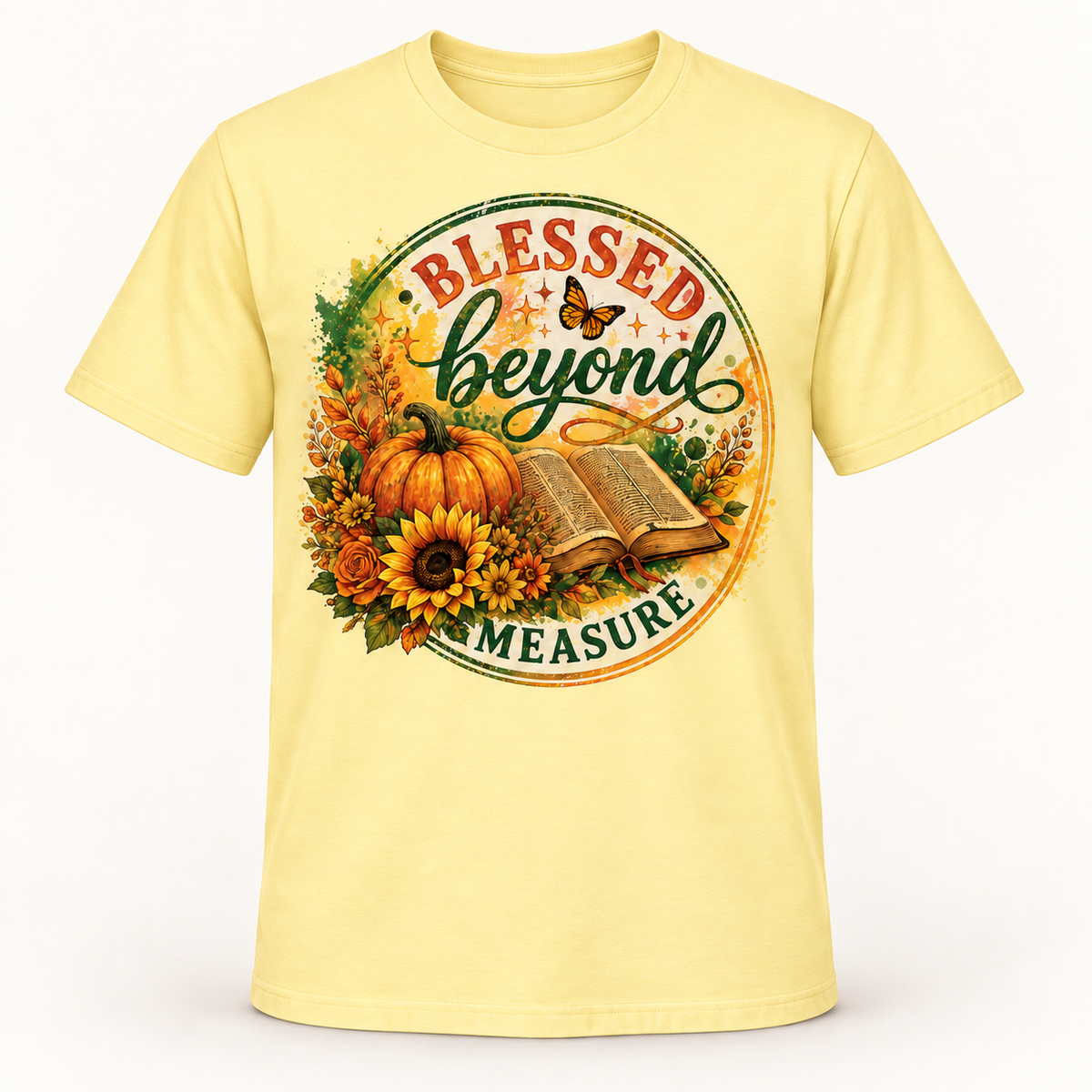 Blessed Beyond Measure Christian T-Shirt for Women, Fall Pumpkin Sunflower Bible Graphic Tee, Thanksgiving Faith Gift