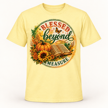 Blessed Beyond Measure Christian T-Shirt for Women, Fall Pumpkin Sunflower Bible Graphic Tee, Thanksgiving Faith Gift
