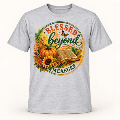 Blessed Beyond Measure Christian T-Shirt for Women, Fall Pumpkin Sunflower Bible Graphic Tee, Thanksgiving Faith Gift