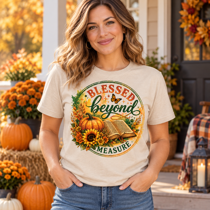Blessed Beyond Measure Christian T-Shirt for Women, Fall Pumpkin Sunflower Bible Graphic Tee, Thanksgiving Faith Gift