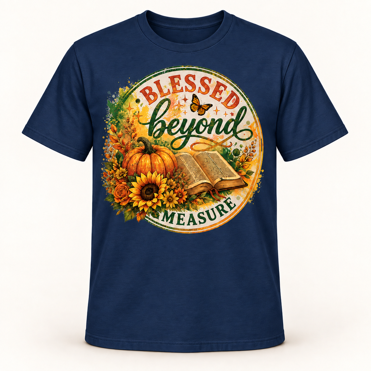 Blessed Beyond Measure Christian T-Shirt for Women, Fall Pumpkin Sunflower Bible Graphic Tee, Thanksgiving Faith Gift