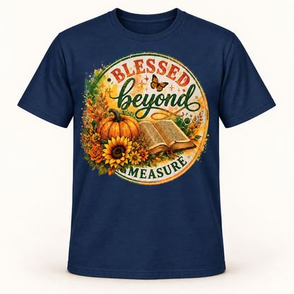 Blessed Beyond Measure Christian T-Shirt for Women, Fall Pumpkin Sunflower Bible Graphic Tee, Thanksgiving Faith Gift