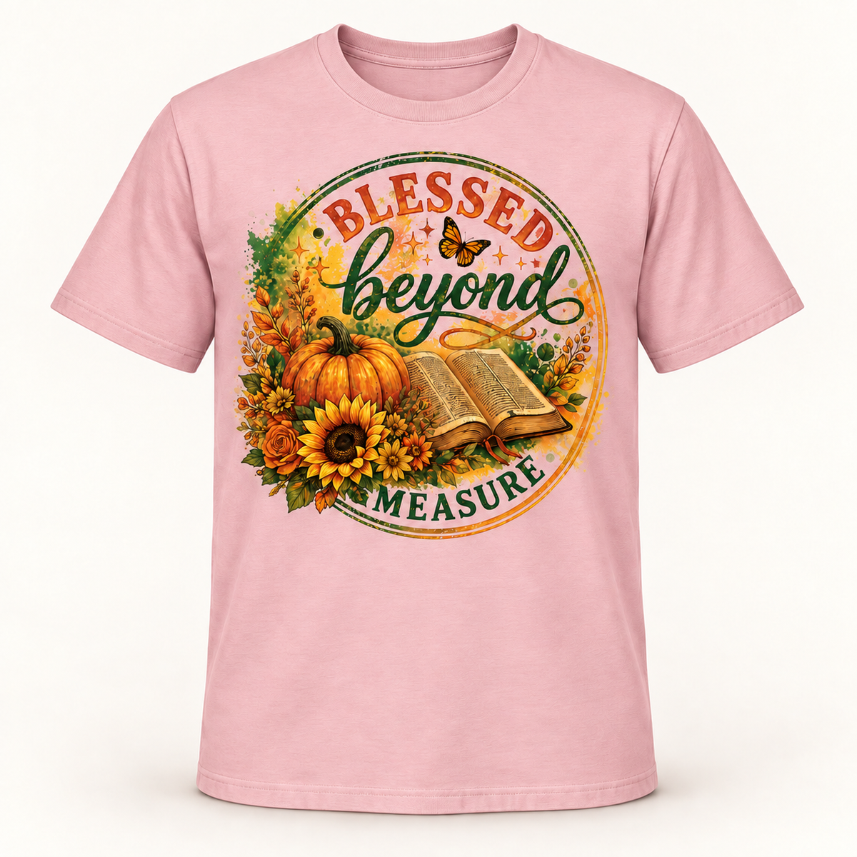 Blessed Beyond Measure Christian T-Shirt for Women, Fall Pumpkin Sunflower Bible Graphic Tee, Thanksgiving Faith Gift