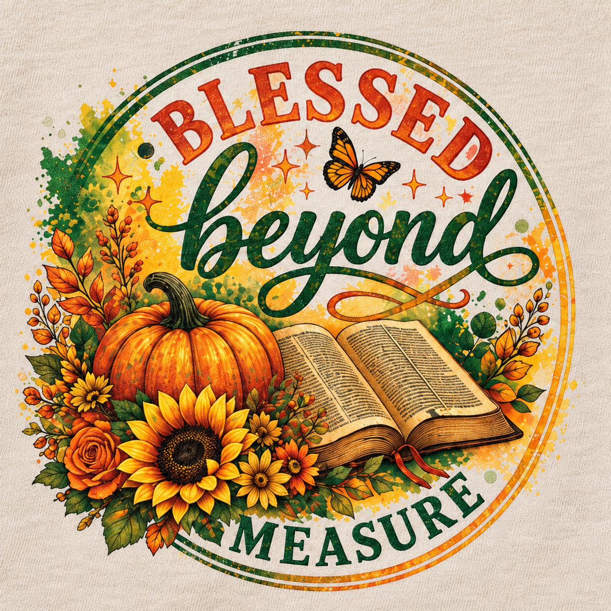 Blessed Beyond Measure Christian T-Shirt for Women, Fall Pumpkin Sunflower Bible Graphic Tee, Thanksgiving Faith Gift