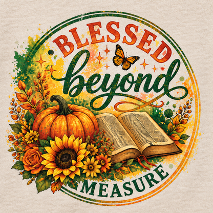 Blessed Beyond Measure Christian T-Shirt for Women, Fall Pumpkin Sunflower Bible Graphic Tee, Thanksgiving Faith Gift