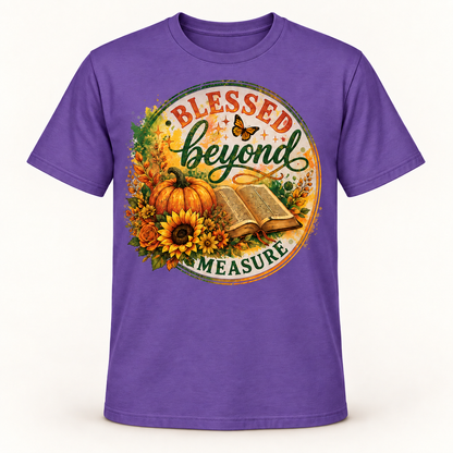 Blessed Beyond Measure Christian T-Shirt for Women, Fall Pumpkin Sunflower Bible Graphic Tee, Thanksgiving Faith Gift