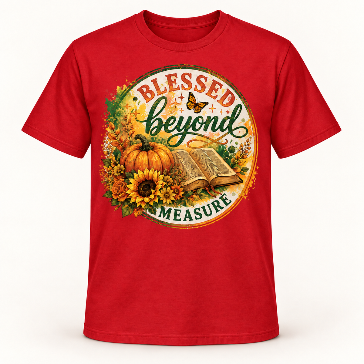 Blessed Beyond Measure Christian T-Shirt for Women, Fall Pumpkin Sunflower Bible Graphic Tee, Thanksgiving Faith Gift