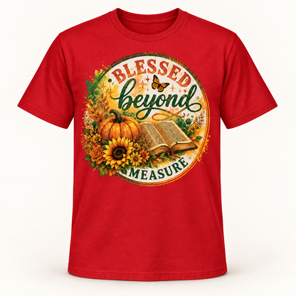 Blessed Beyond Measure Christian T-Shirt for Women, Fall Pumpkin Sunflower Bible Graphic Tee, Thanksgiving Faith Gift