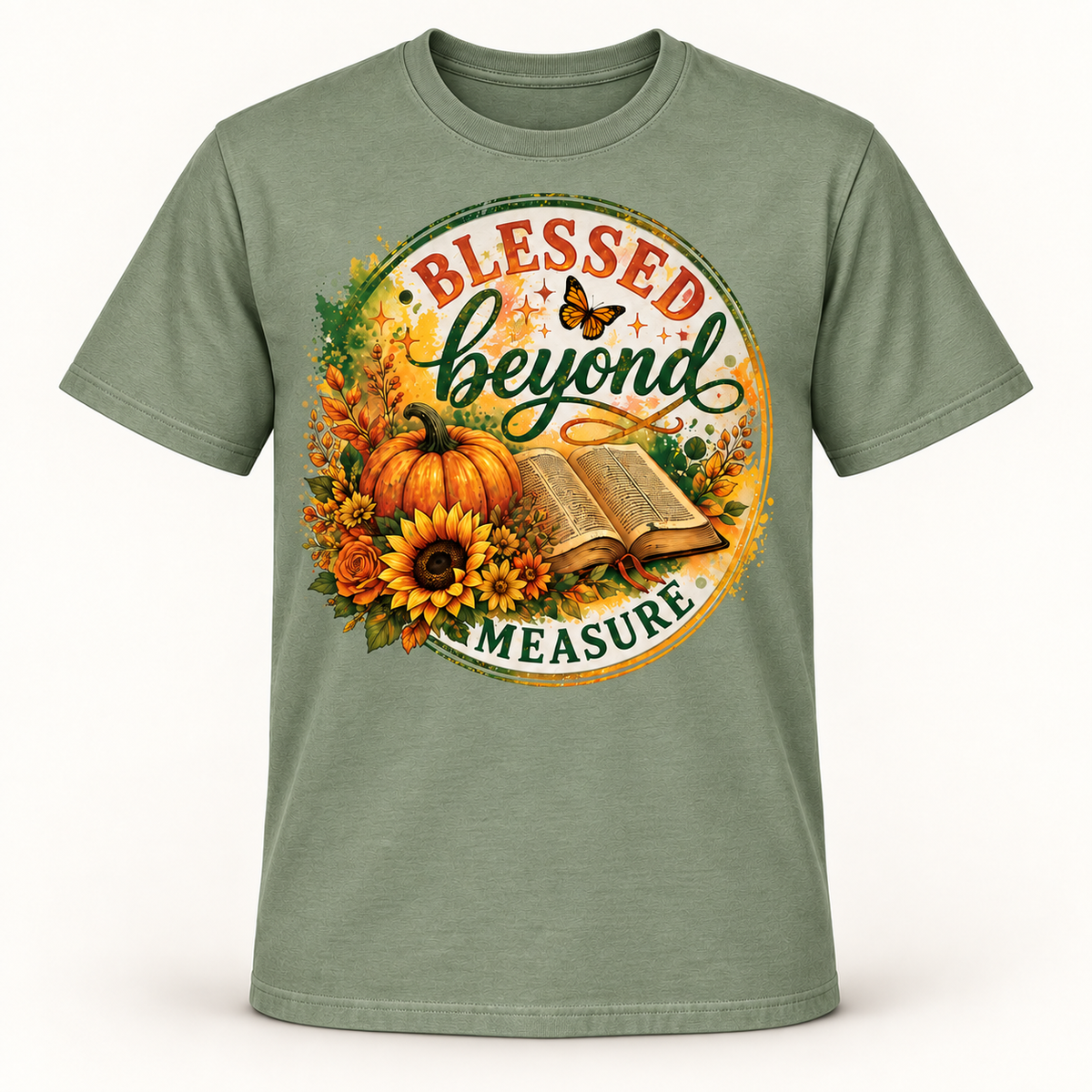 Blessed Beyond Measure Christian T-Shirt for Women, Fall Pumpkin Sunflower Bible Graphic Tee, Thanksgiving Faith Gift