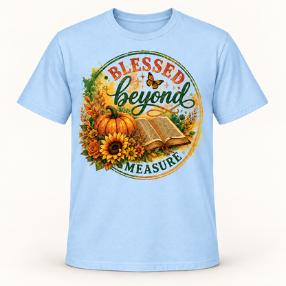 Blessed Beyond Measure Christian T-Shirt for Women, Fall Pumpkin Sunflower Bible Graphic Tee, Thanksgiving Faith Gift