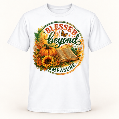Blessed Beyond Measure Christian T-Shirt for Women, Fall Pumpkin Sunflower Bible Graphic Tee, Thanksgiving Faith Gift